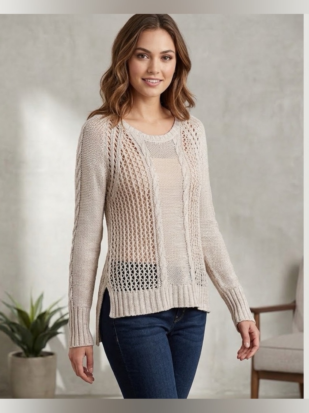 Buffalo David Bitton Knit Sweater Openwork Cable Oversized Size Medium Fall Chic